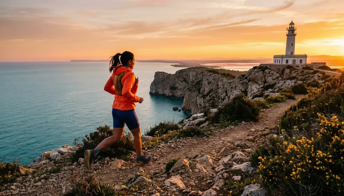 Biegacz na tle słonych jezior Salinas de Santa Pola o świcie — różowe wody i flamingi w tle